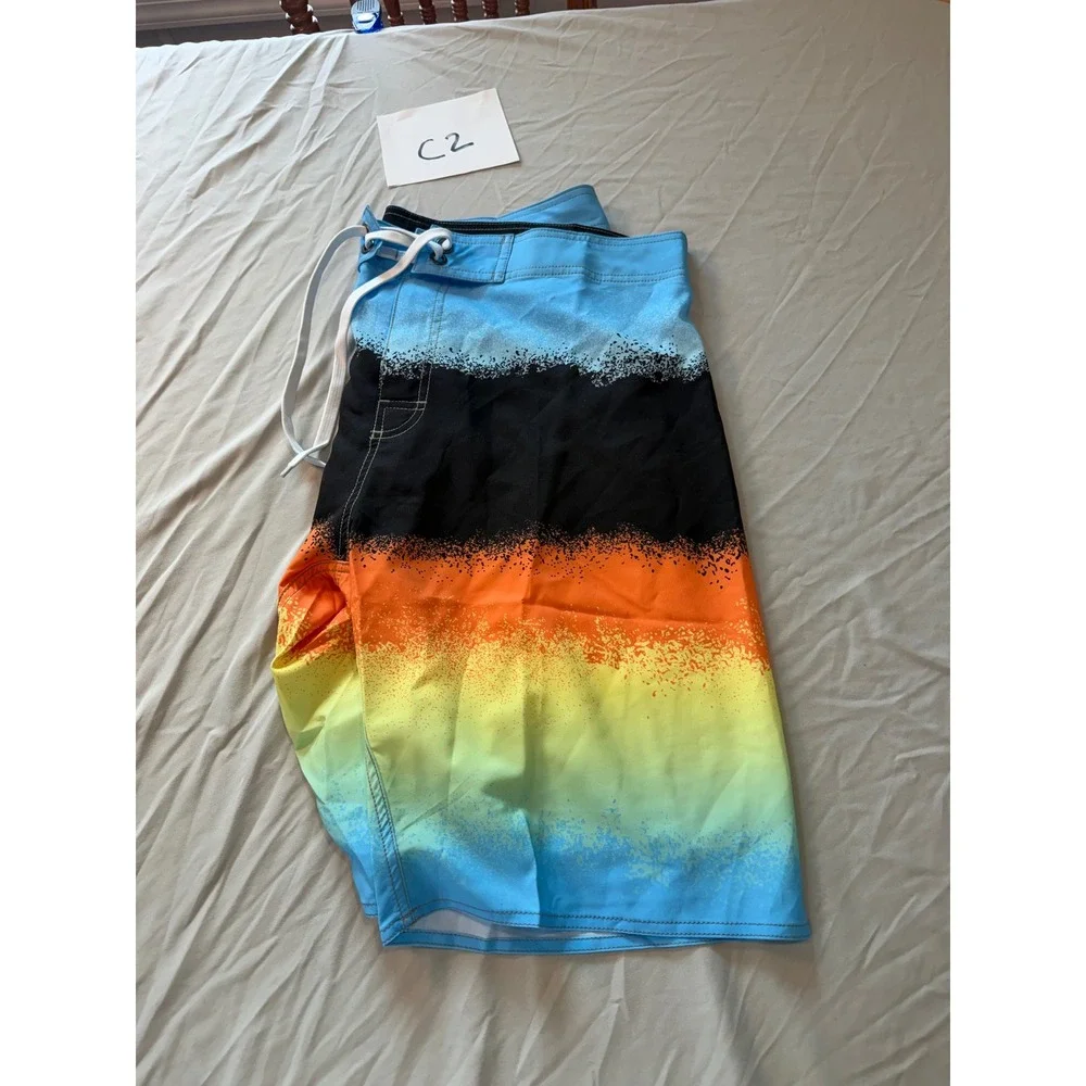 Mens Gradient Spray Paint Board Shorts‎ Blue Orange Yellow Size 36 Swim Trunks